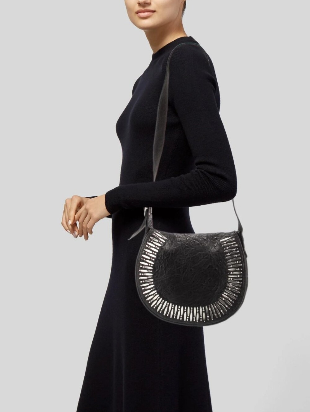 Calleen Cordero Black Leather Crossbody Bag with Silver Stud Trim EUC